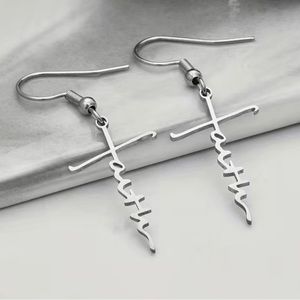 New Stainless Steel Silver Metal Faith Dangle Religious Christian Earrings